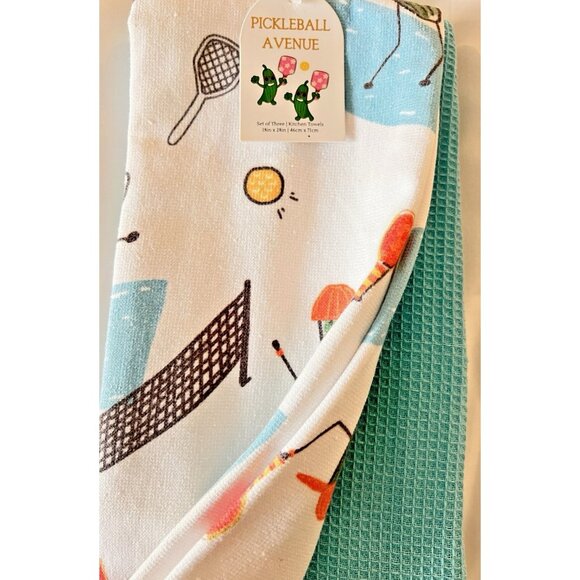 NEW Set 3 PICKLE BALL AVENUE Kitchen Dish Towels Mireille Designs 100% Cotton - Picture 4 of 6